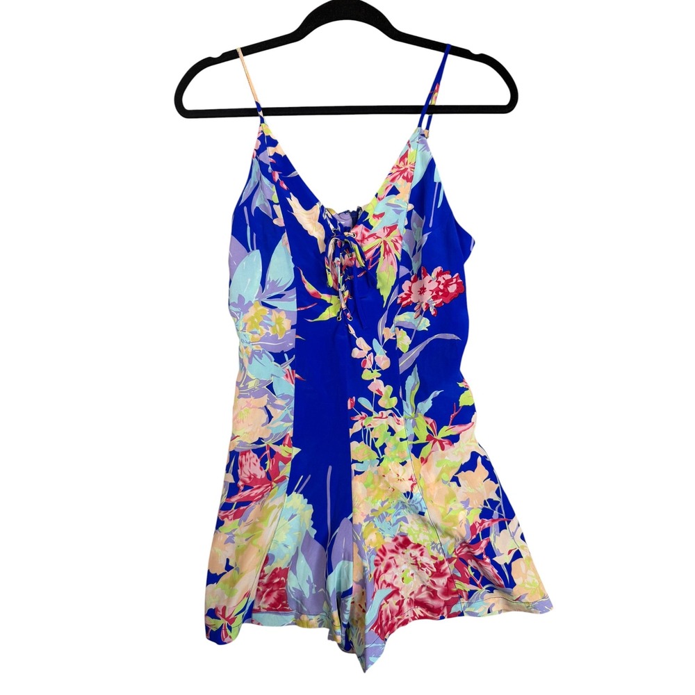 Yumi Kim Blue Floral Silk Romper XS‎ Lace Up V-Neck Sleeveless Short Jumpsuit